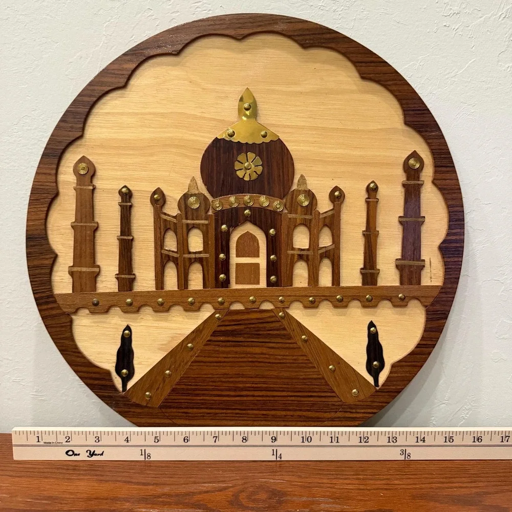 Vintage Indian‎ Taj Mahal Wood Inlay Wall Plaque Round Brass Studded Handmade
